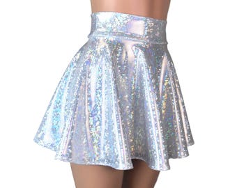 Silver Shattered Glass Holographic High Waisted Skater Skirt - Clubwear, Rave Wear, Mini Circle Skirt