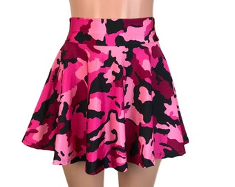 Jupe patineuse taille haute camo camouflage rose - Clubwear, Rave Wear, Mini Circle Skirt