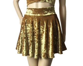 Verpletterd fluwelen rok - mosterdgeel goud skater rok - fluwelen rave rok - gouden minirok