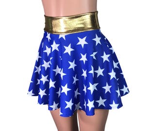 Blue Stars with Gold Waistband High Waisted Skater Skirt - Clubwear, Rave Wear, Mini Circle Skirt - superhero