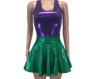 Mermaid Costume - Green Mermaid Scales Skater Skirt & Purple Tank Outfit - Rave Costume, Cosplay