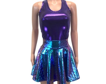 Mermaid Costume - Holographic Mermaid Scales Skater Skirt & Purple Tank Outfit - Rave Costume, Cosplay