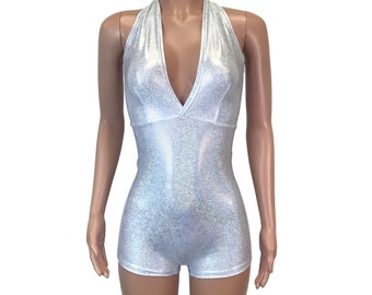 Silver Holographic Halter Romper - Rave Wear, Festival Outfit, Aerial Performer