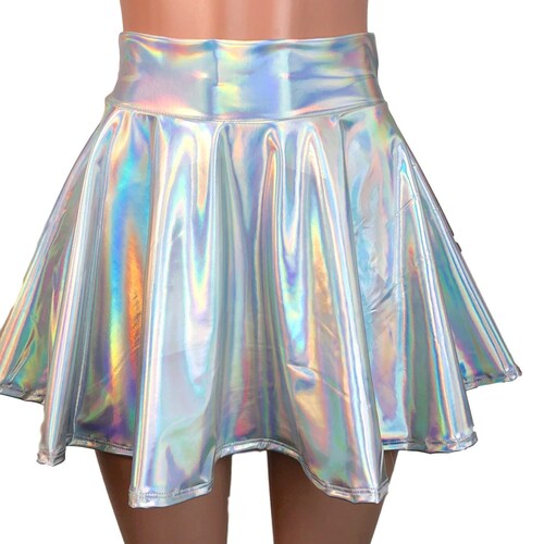 High Waisted Skater Skirt Holographic Silver on White Etsy