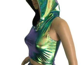 Holographic Ärmelloser Hoodie - Oil Slick Metallic - festiva, rave, edm