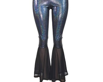 Black Holographic and Mesh Bell Bottoms - Shimmery Spandex Pants  - Yoga, Rave, Festival, EDM, 80s Clothing - High Waisted