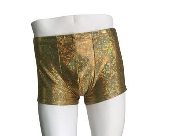 Pantalones cortos holográficos de cristal roto dorado para hombre, calzoncillos tipo bóxer, ropa de festival Rave, pantalones cortos de Yoga