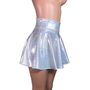 High Waisted Skater Skirt Holographic Silver on White Sparkle Mini Skirt Rave Skirt zdjęcie 1