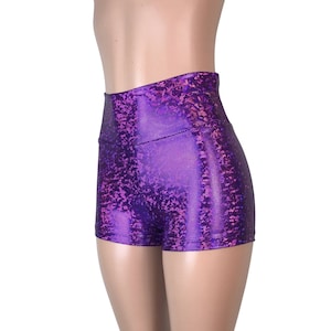 Purple Shattered Glass High-Waisted Holographic Booty Shorts - Roller Derby, Festival, Rave Clothing