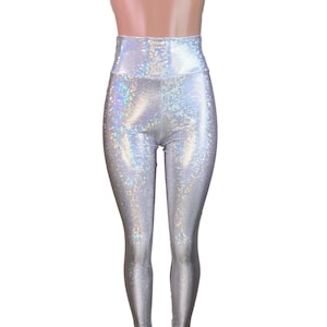 Pantaloni Leggings a vita alta olografici in vetro frantumato argento - Rave, Festival, EDM, Abbigliamento anni &#39;80 - Funky a vita alta