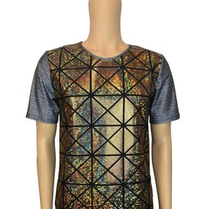 Men&#39;s Holographic Tee or T-shirt, *Linen Print* w/Gold Glass Pane Shattered Glass, Men&#39;s Holo Top, Rave Clothing, Burning Man