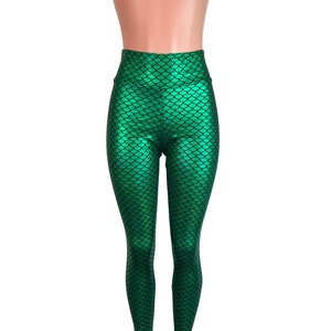 Green Mermaid Scale Holographic High Waisted Leggings Pants - Rave, Festival, EDM, Costume