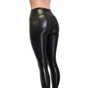 Metallic Black Faux Leather Leggings Pants - Rave, Festival, EDM, 80s Clothing - High Waisted Funky