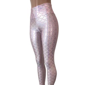 Pantaloni leggings a vita alta olografici a scala sirena rosa - Rave, Festival, EDM, abbigliamento anni &#39;80 - Funky a vita alta