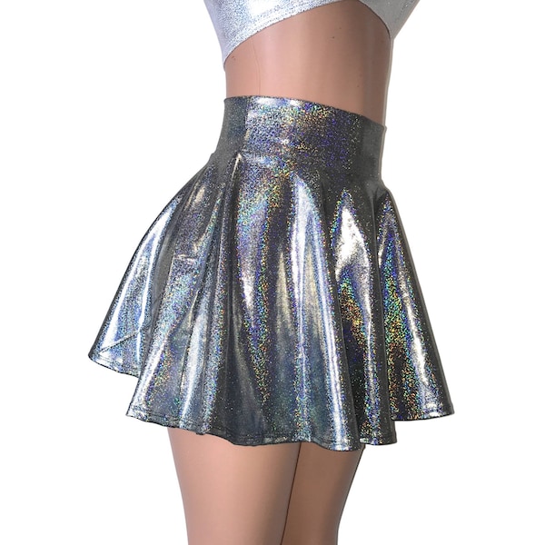 Gleaming SIlver on Black High Waisted Skater Skirt Metallic - Clubwear, Rave Wear, Mini Circle Skirt