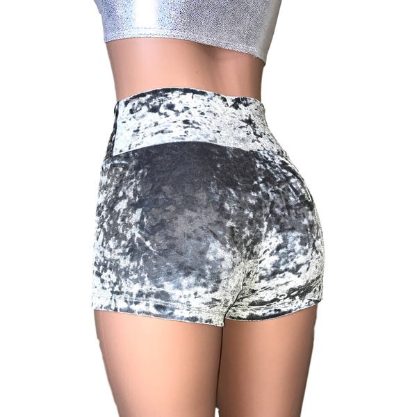 Silver Gray Velvet High Waisted Booty Shorts - club or rave wear - Crossfit - Running
