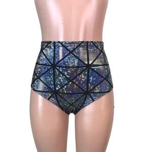 Silver Glass Pane Holographic High Waisted Hot Pants - Booty Shorts - Bikini Bottom - club or rave wear - Crossfit - Running