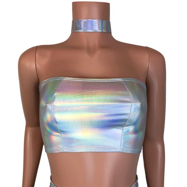 Opal Holographic Tube Top Bandeau - bodycon Clubwear, Rave Wear, Festival Clothing