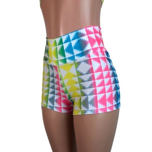 Neon Tetris Print High-Waisted Booty Shorts - Roller Derby, Festival, Rave Clothing