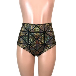 Gold Glass Pane Holographic High Waisted Hot Pants - Booty Shorts - Bikini Bottom - club or rave wear - Crossfit - Running