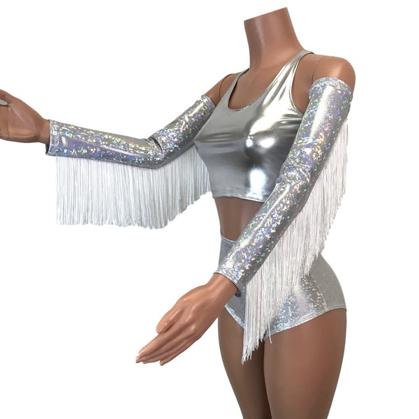 Holographic Fringe Silver Shattered Glass Arm Sleeves, Rave Arm Warmers, Burning Man Festival