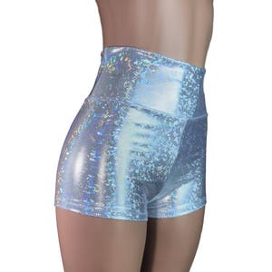 High Waisted Booty Shorts in Silver on White Shattered Glass Holographic Rave Shorts, Festival Outfit, Aerial, Roller Derby Pole Fitness