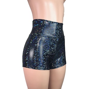 Black Shattered Glass Holographic High Waisted Booty Shorts - club or rave wear - Crossfit - Running