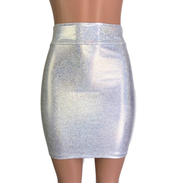 Silver on White Holographic High Waisted Pencil Mini Skirt | Rave Bodycon Skirt