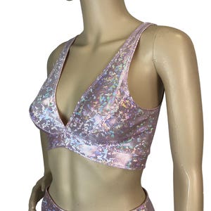 Blush Pink Shattered Glass Holographic Bralette - Rave Wear, festival top