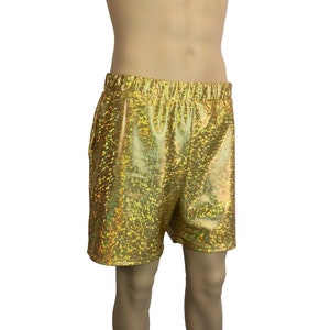 Men&#39;s Gold Shattered Glass Holographic Shorts W/ Pockets - Rave Shorts