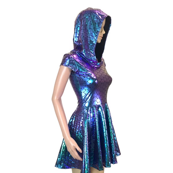 Mermaid Scales Holographic Cap Sleeve Hoodie Skater Dress - Club, Rave, Sexy Mini Dress, mermaid costume, Festival Outfit