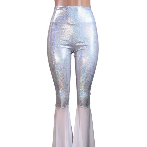 Silver Holographic and Mesh Bell Bottoms - Shimmery Spandex Pants  - Yoga, Rave, Festival, EDM, 80s Clothing - High Waisted