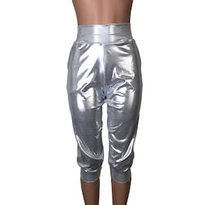 Metallic Silver Joggers w/ Pockets - High Waisted Jogger Pants - Rave, Festival, EDM, Running, Yoga