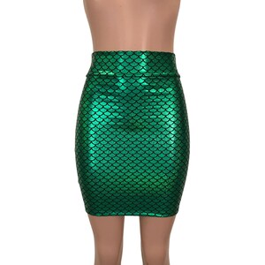 Holographic Green Mermaid Scales High Waisted Pencil Mini Skirt | Bodycon Costume Skirt