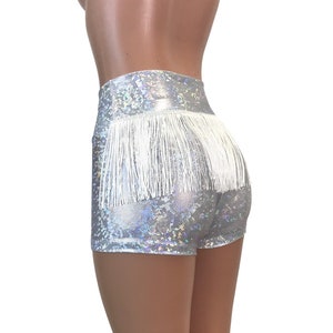Pantaloncini bottino a vita alta con frange olografiche in vetro frantumato argento - abbigliamento da club o rave - Crossfit - Corsa