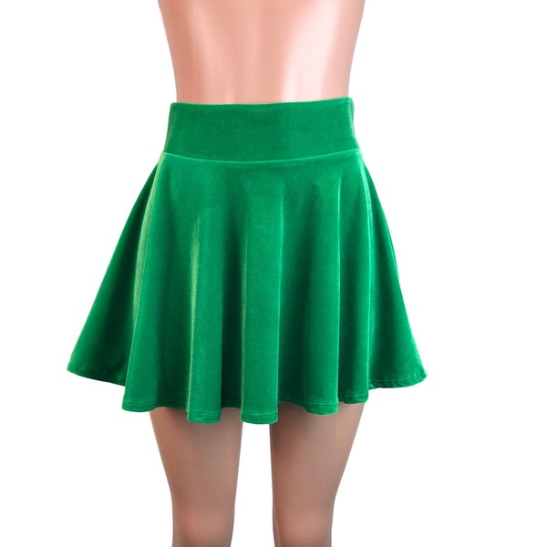 Kelly Green Velvet High Waisted Skater Skirt - Clubwear, Rave Wear, Mini Circle Skirt