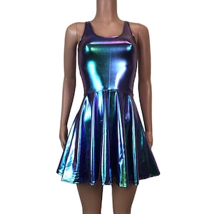Holographic Oil Slick Skater fit n flare Tank Dress Club, Rave, Sexy Mini Dress, Cocktail, Festival Outfit image 1