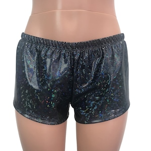 Black Shattered Glass Holographic Rave Shorts - Running shorts