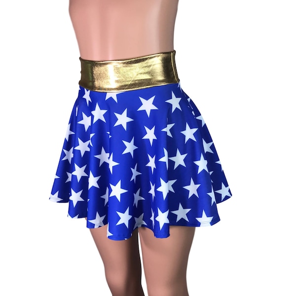 Blaue Sterne mit Gold Bund Hoch taillierter Skater Rock - Clubwear, Rave Wear, Mini Tellerrock - Superheld