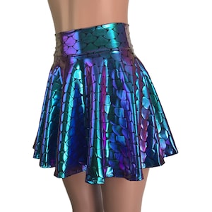 Holographic Mermaid Skirt - Scales Skater Skirt | CHOOSE LENGTH | Rave Clothing, Festival Clothes, Holograph Mermaid