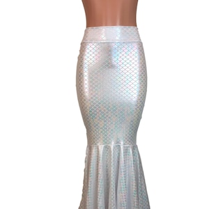 Long Mermaid Skirt in White Iridescent Scales | Fit and Flare Holographic High Waisted Maxi Skirt - Costume