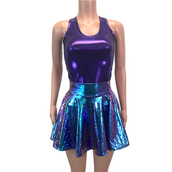 Mermaid Costume - Holographic Mermaid Scales Skater Skirt & Purple Tank Outfit - Rave Costume, Cosplay