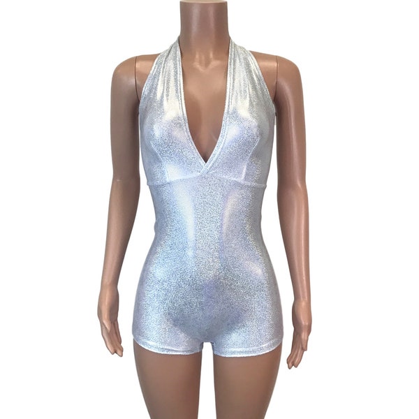 Silver Holographic Halter Romper - Rave Wear, Festival Outfit, Aerial Performer