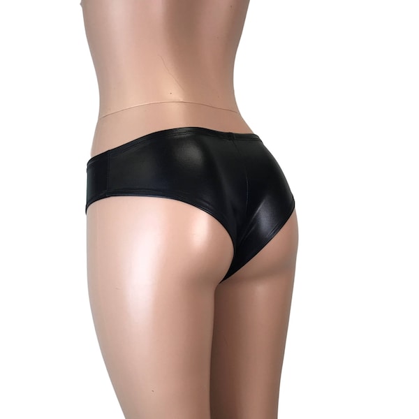 Freche Schwarz Metallic "Wet Look" Low Waist Hot Pants - Booty Shorts - Bikini Bottom - Club oder Rave Wear - Crossfit - Laufen