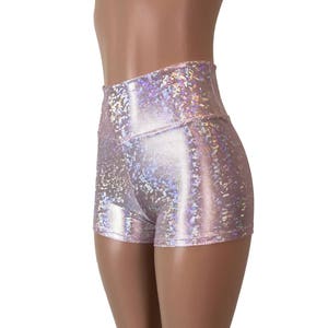 Pink Blush Shattered Glass Holographic High Waisted Booty Shorts - club or rave wear - Crossfit - Running