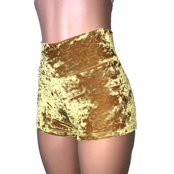 Gold Velvet High Waisted Booty Shorts - club or rave wear - Crossfit - Running