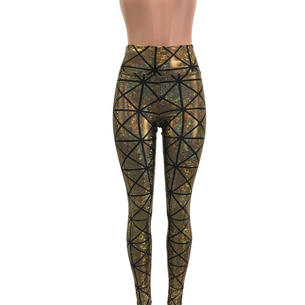 Gold Window Pane Shattered Glass Holographic Leggings Pants - Rave, Festival, EDM, 80s Clothing - High Waisted Funky