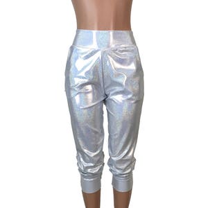 Silver Holographic Joggers w/ Pockets - High Waisted Jogger Pants - Rave, Festival, EDM