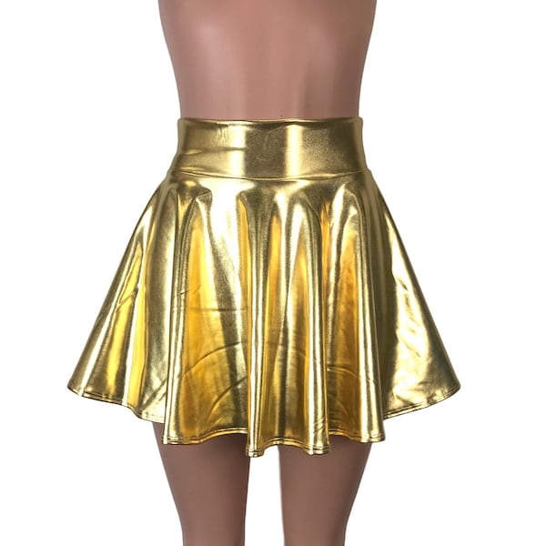 Gold Metallic High Waisted Skater Skirt - Clubwear, Rave Wear, Mini Circle Skirt