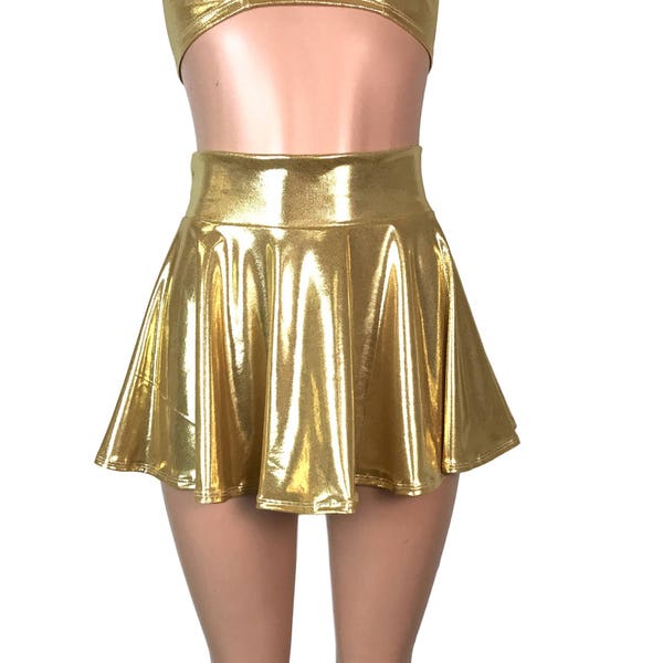 Gold Metallic Mystique MINI 13" High Waisted Skater Skirt - Clubwear, Rave Wear, Mini Circle Skirt